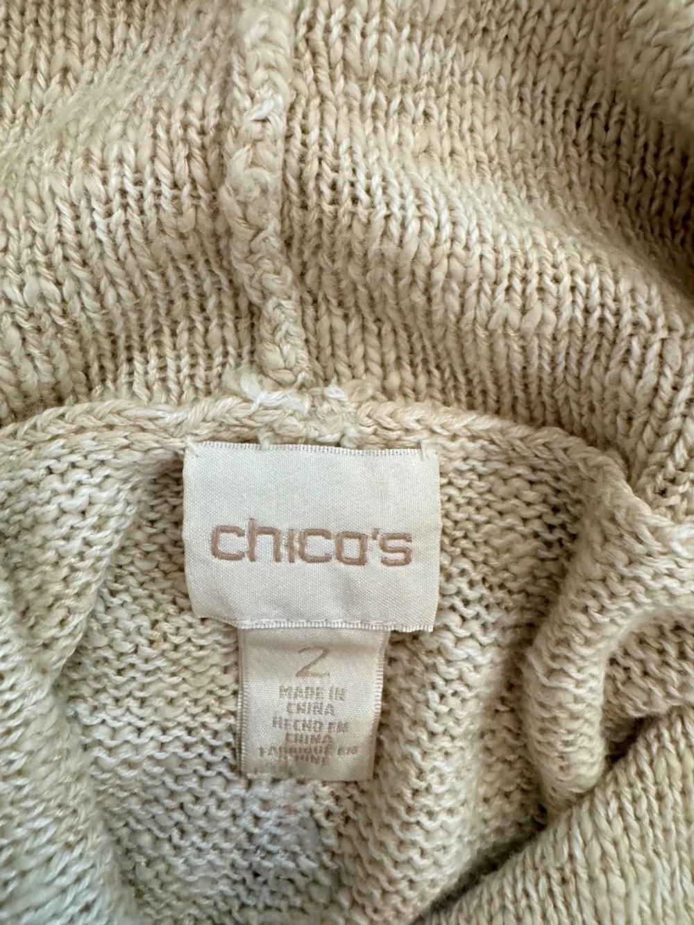 Chico's Women's Size 2 (12-14) Beige Mixed Knit Boho Sweater, Crochet Sleeve